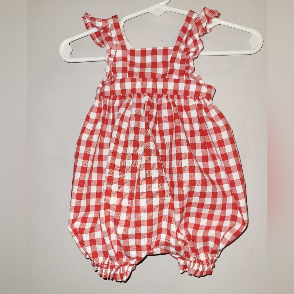 ☀️ Baby GAP Red White Checkered Gingham Bubble Romper Ruffled Straps 0-3 Months